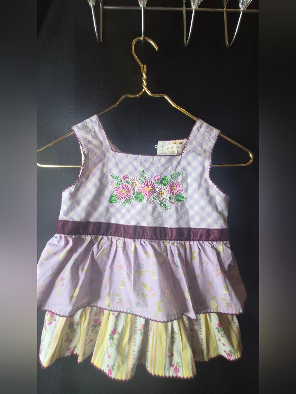 Matilda Jane Lavender Gingham Tiered Dress with Plum Waistband